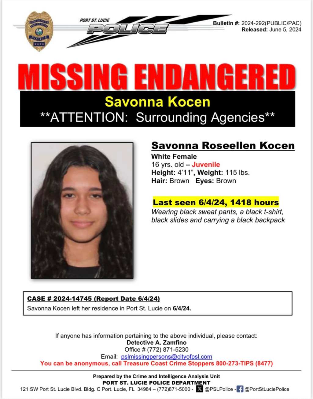 Port St Lucie Police trying to locate 16-year-old Missing Endangered&nbsp;Juvenile